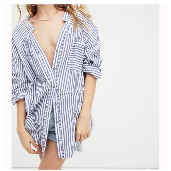 Free People One of the Boys Striped Shirt Yellow Blue long sleeve Boho Size M - Picture 3 of 10